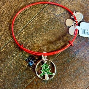 Red Wire Bangle Bracelet with Green Christmas Tree Charm
